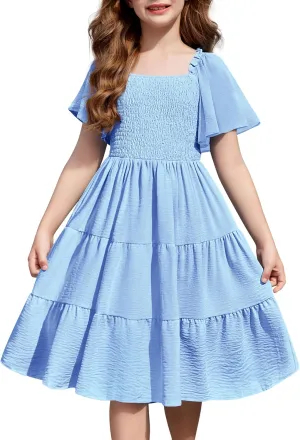 Arshiner Girls Dress Boho Smocked Swing Flowy Ruffle Midi Dresses