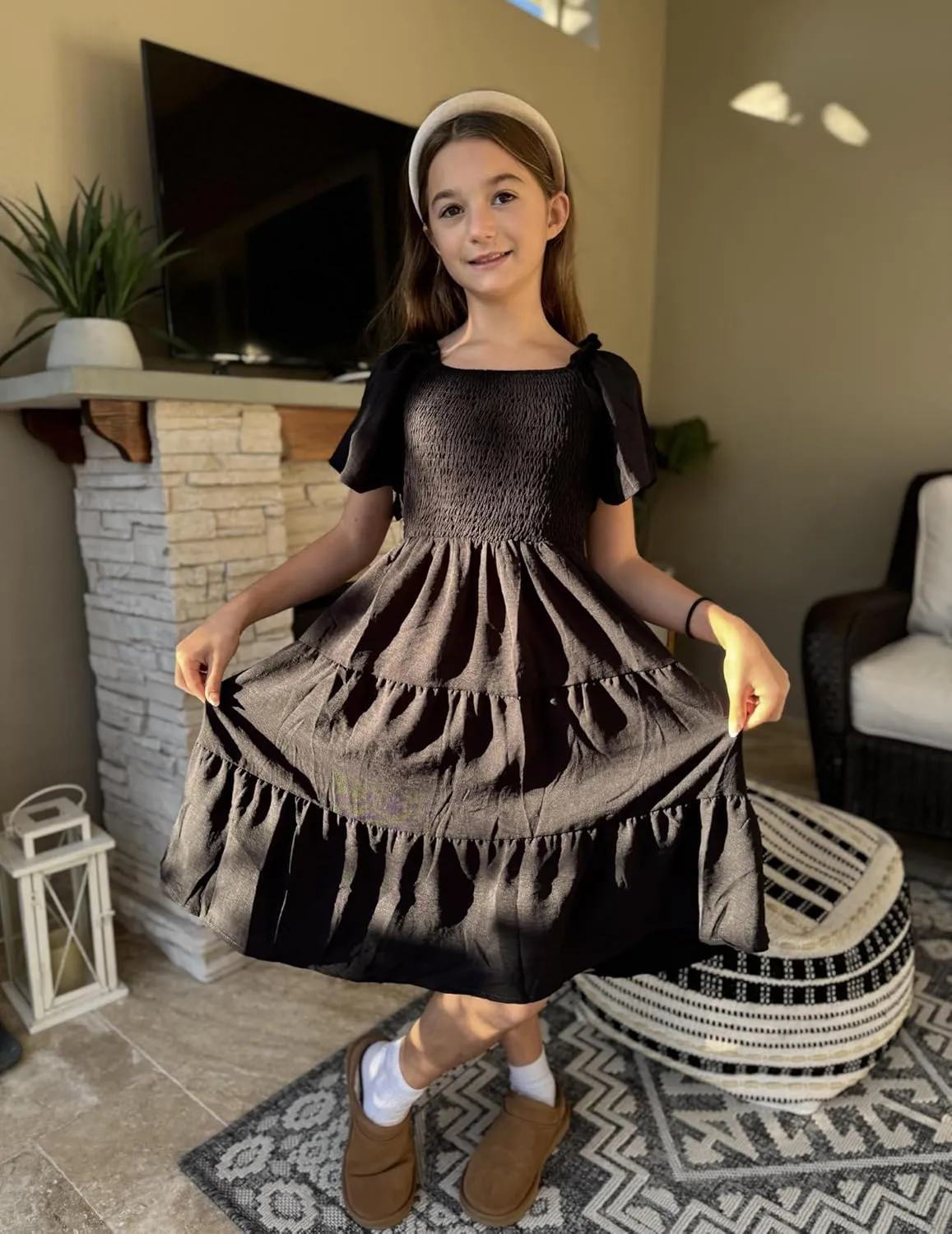 Arshiner Girls Dress Boho Smocked Swing Flowy Ruffle Midi Dresses