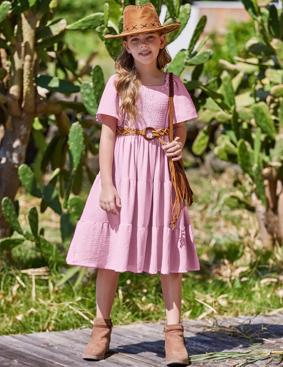 Arshiner Girls Dress Boho Smocked Swing Flowy Ruffle Midi Dresses