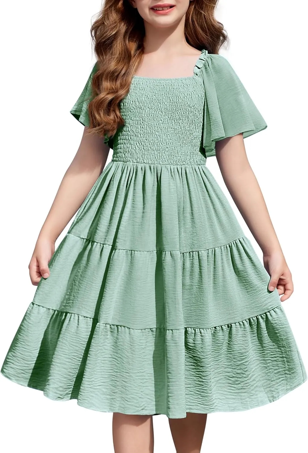 Arshiner Girls Dress Boho Smocked Swing Flowy Ruffle Midi Dresses