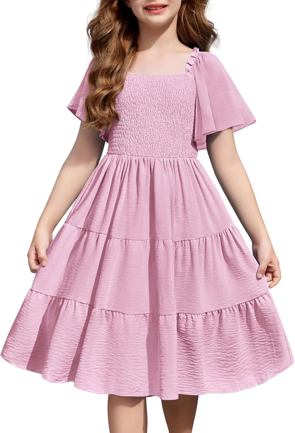 Arshiner Girls Dress Boho Smocked Swing Flowy Ruffle Midi Dresses