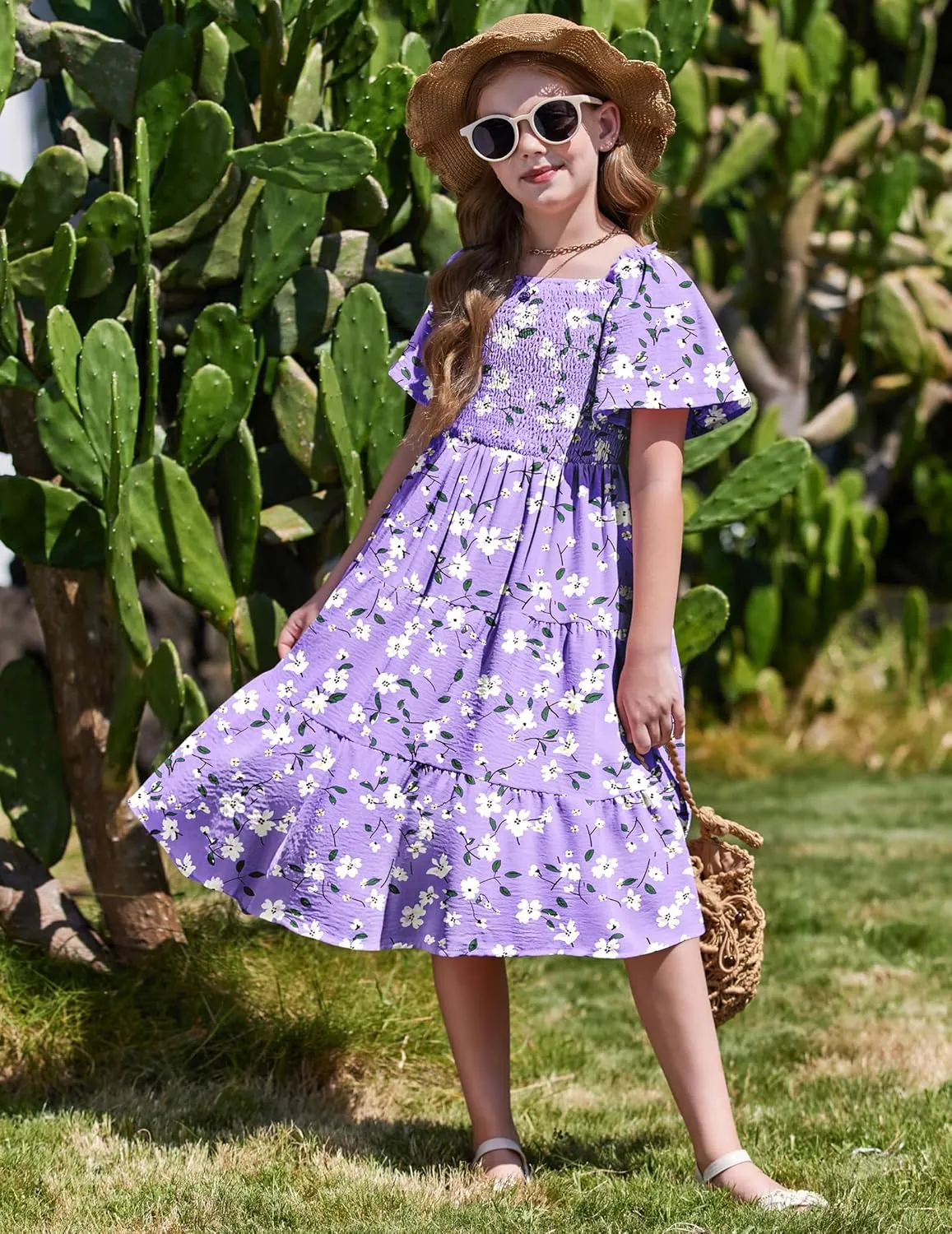 Arshiner Girls Dress Boho Smocked Swing Flowy Ruffle Midi Dresses