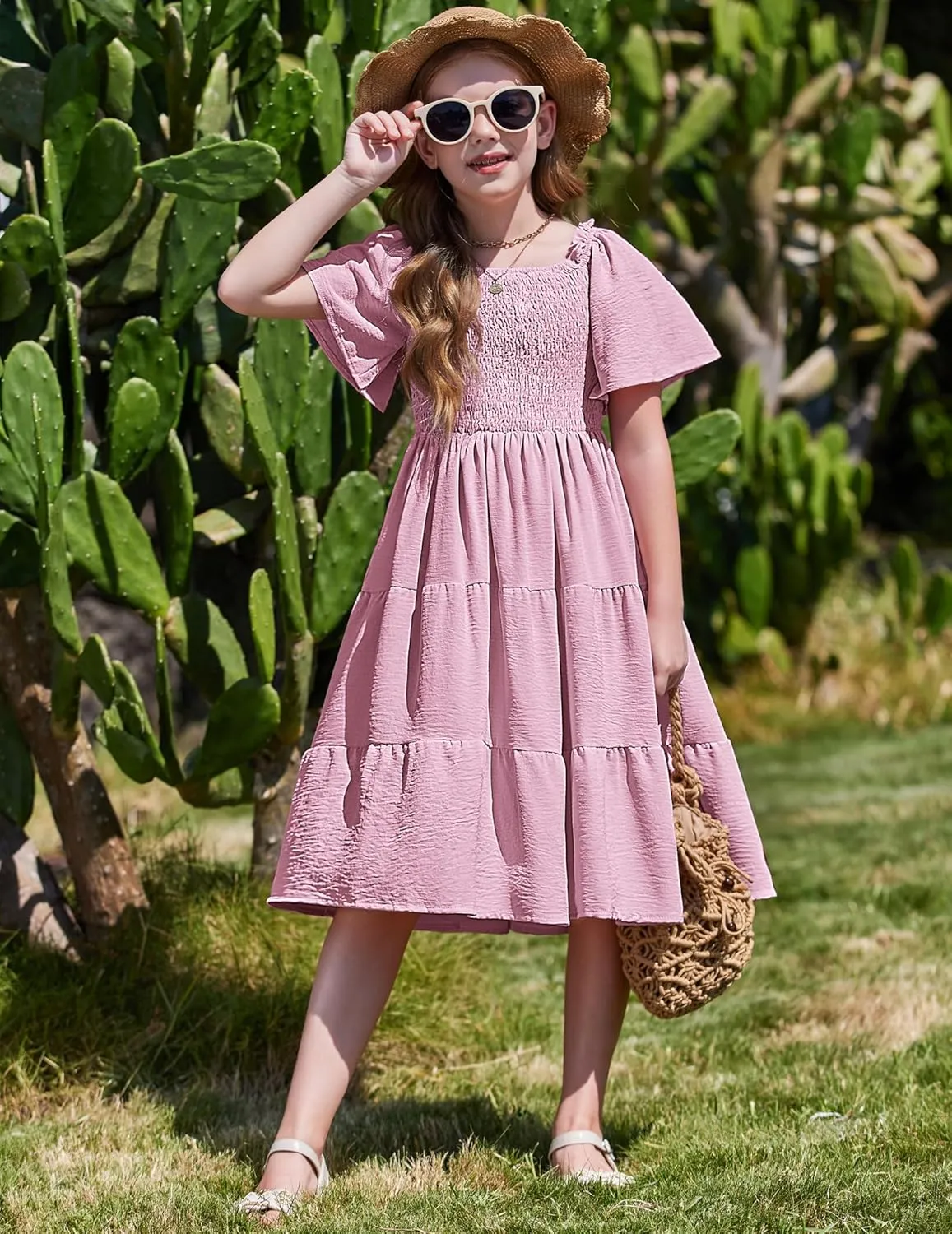 Arshiner Girls Dress Boho Smocked Swing Flowy Ruffle Midi Dresses