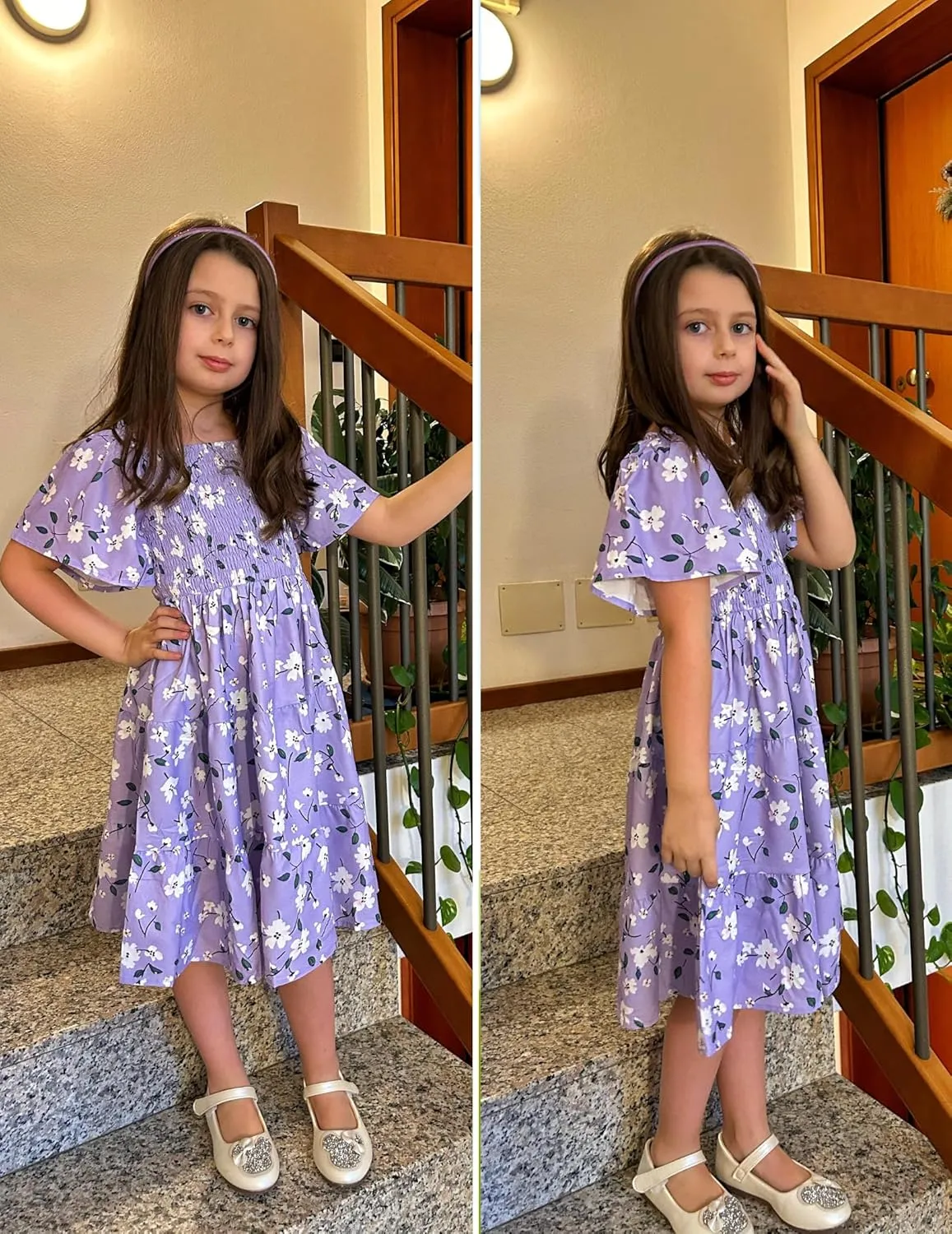 Arshiner Girls Dress Boho Smocked Swing Flowy Ruffle Midi Dresses