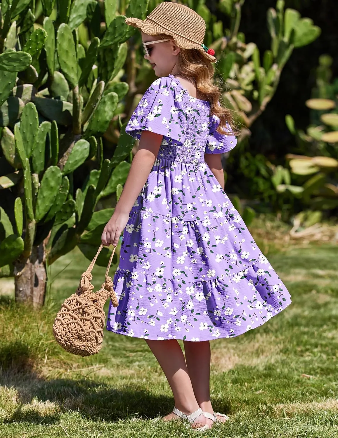 Arshiner Girls Dress Boho Smocked Swing Flowy Ruffle Midi Dresses