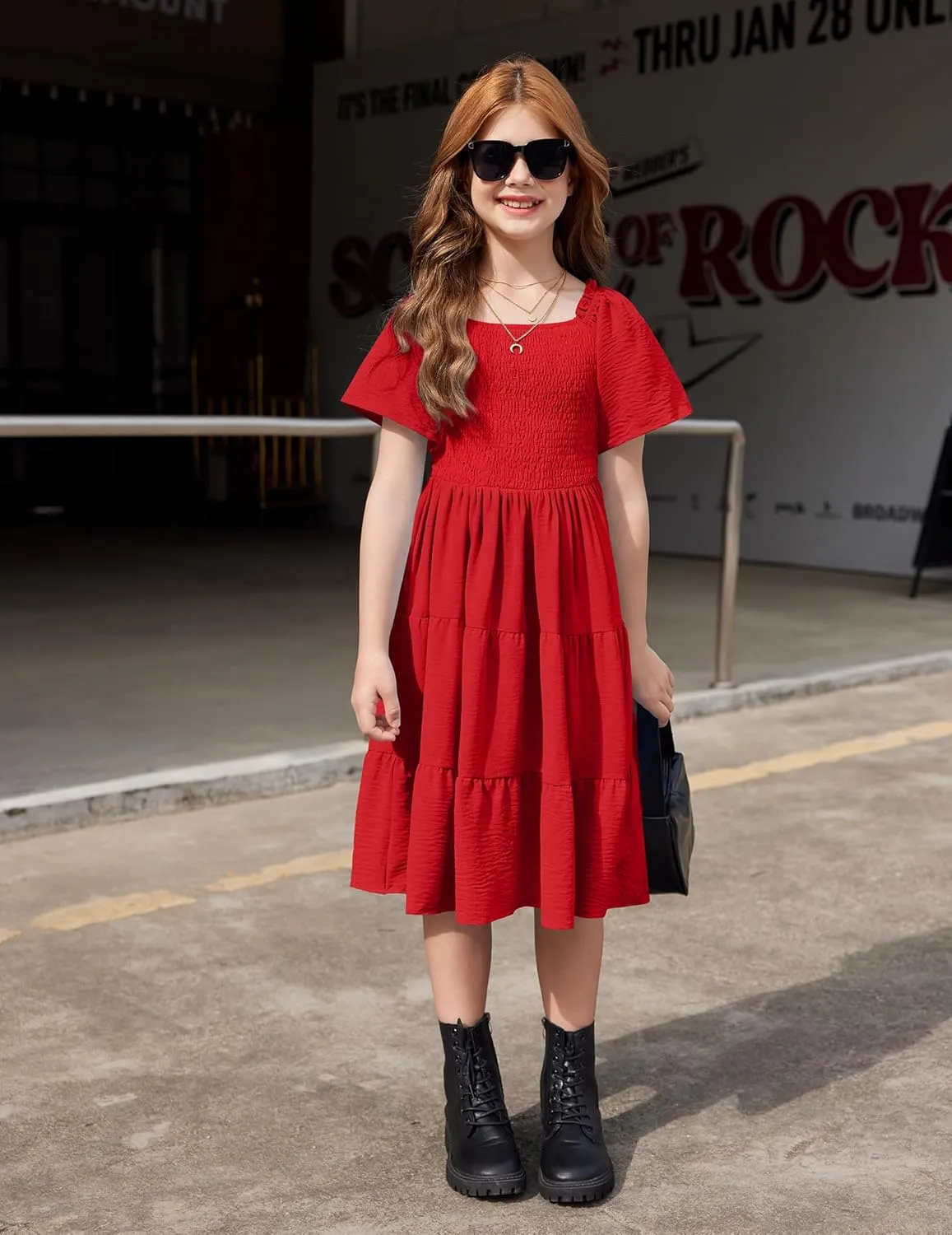 Arshiner Girls Dress Boho Smocked Swing Flowy Ruffle Midi Dresses