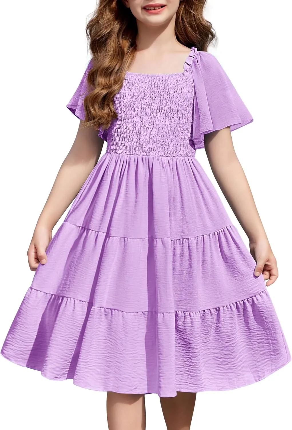 Arshiner Girls Dress Boho Smocked Swing Flowy Ruffle Midi Dresses