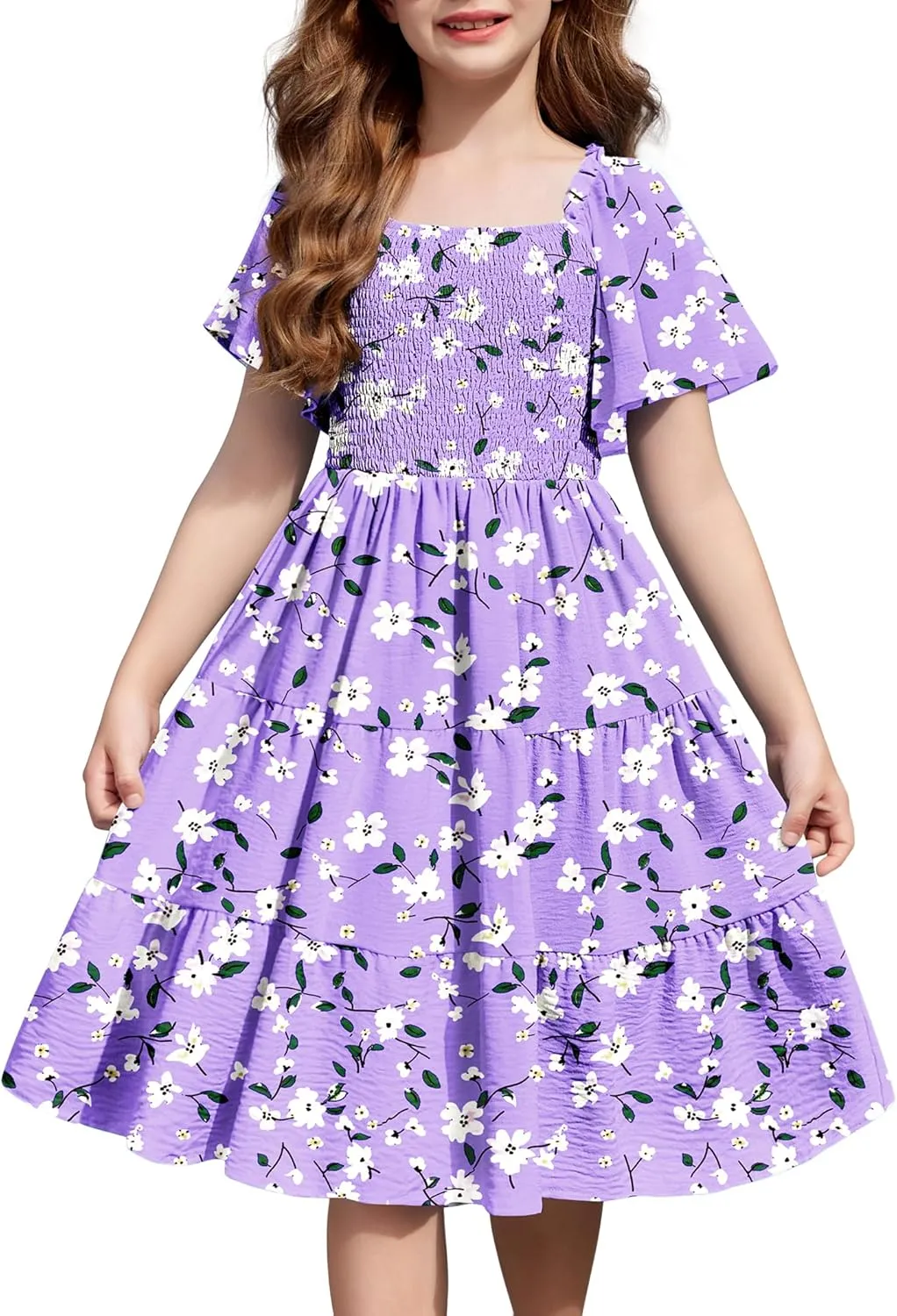 Arshiner Girls Dress Boho Smocked Swing Flowy Ruffle Midi Dresses