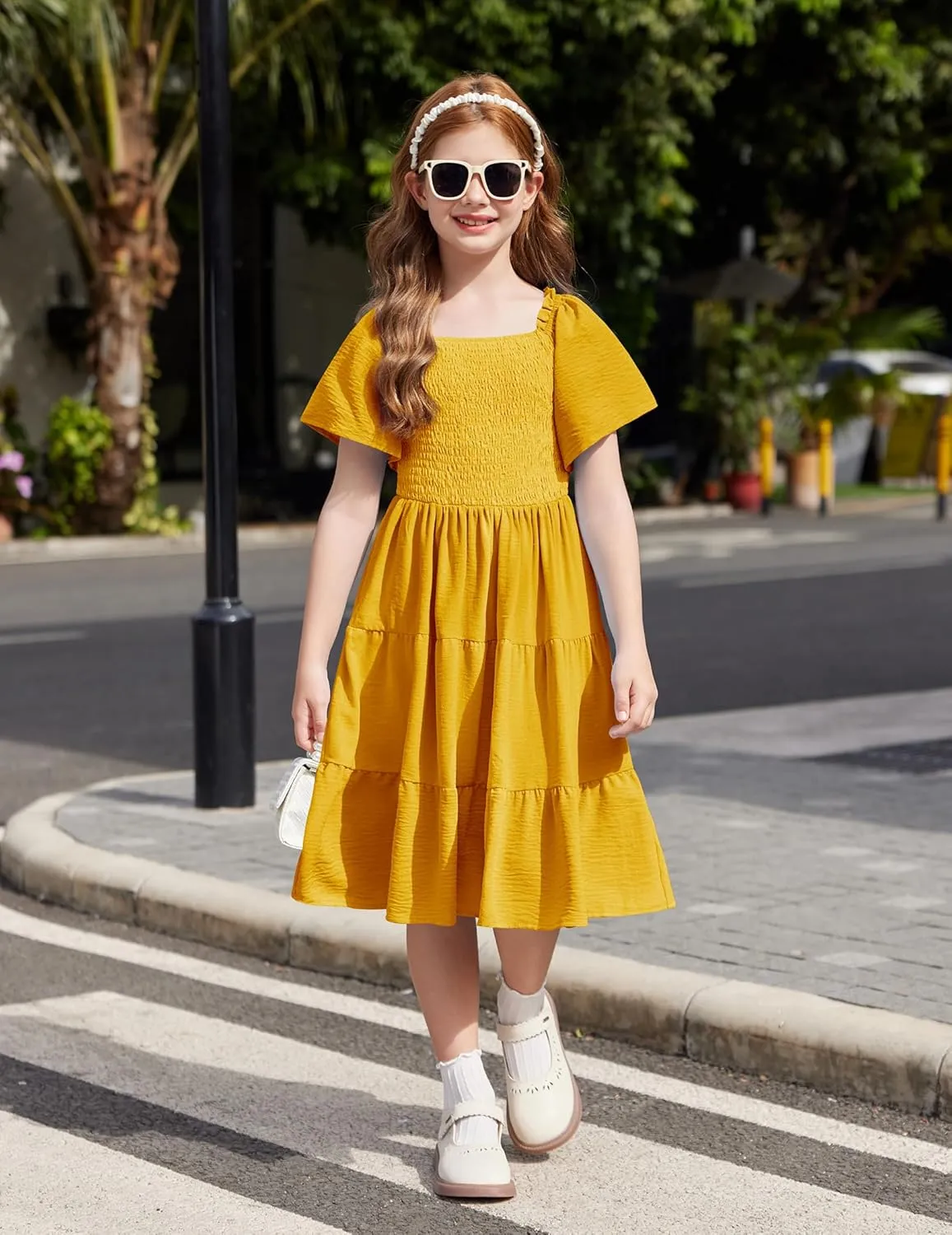 Arshiner Girls Dress Boho Smocked Swing Flowy Ruffle Midi Dresses