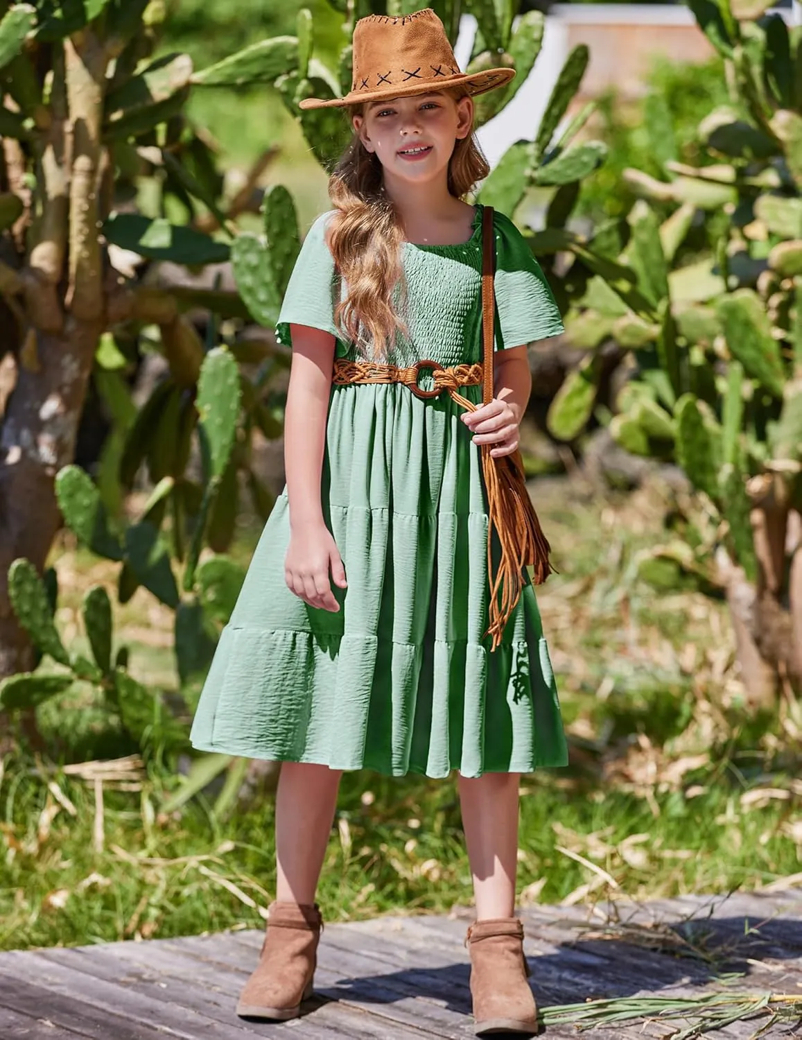Arshiner Girls Dress Boho Smocked Swing Flowy Ruffle Midi Dresses