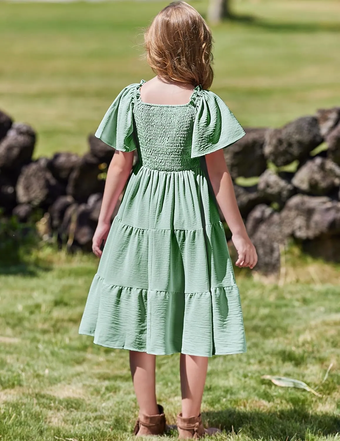 Arshiner Girls Dress Boho Smocked Swing Flowy Ruffle Midi Dresses