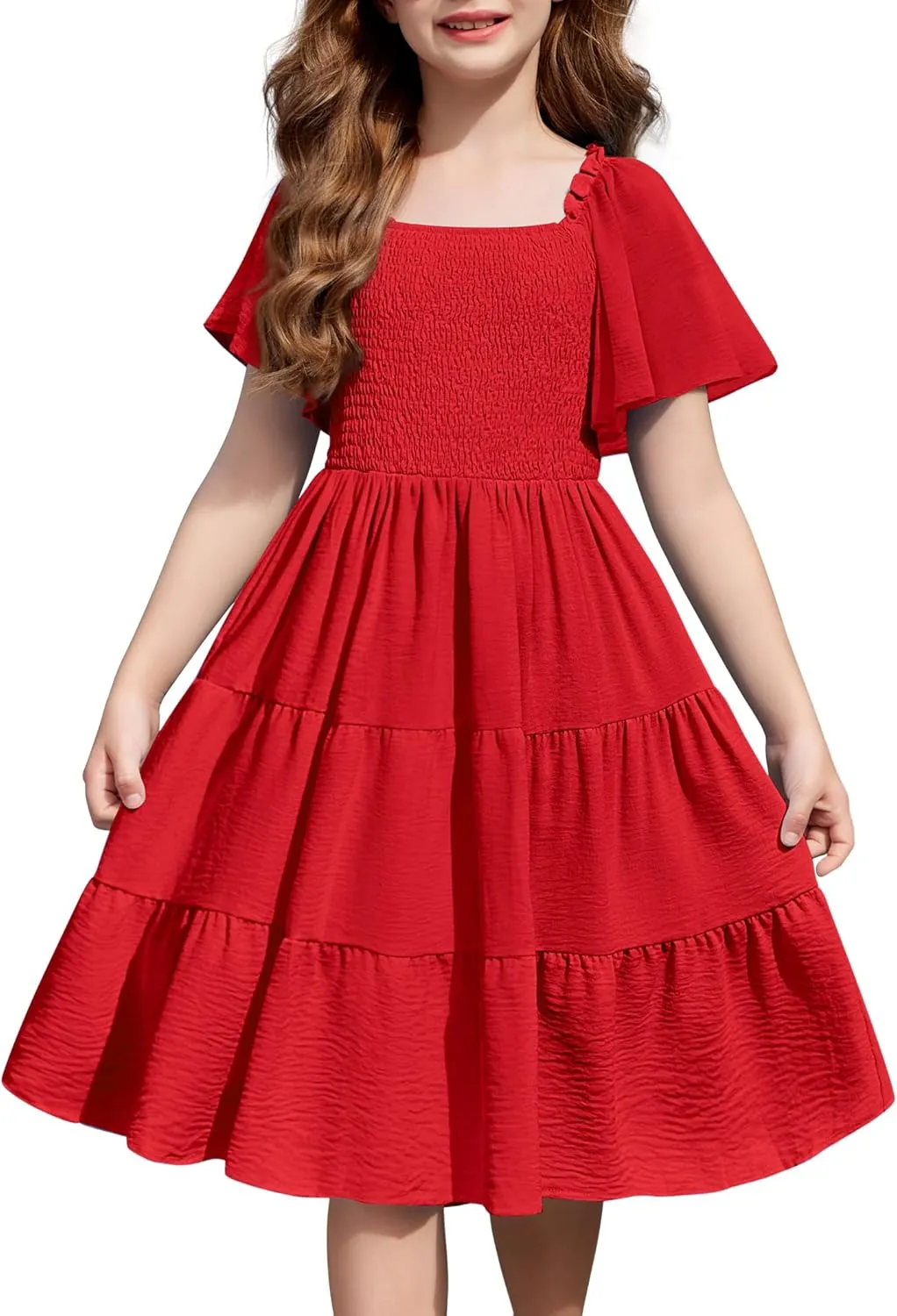 Arshiner Girls Dress Boho Smocked Swing Flowy Ruffle Midi Dresses