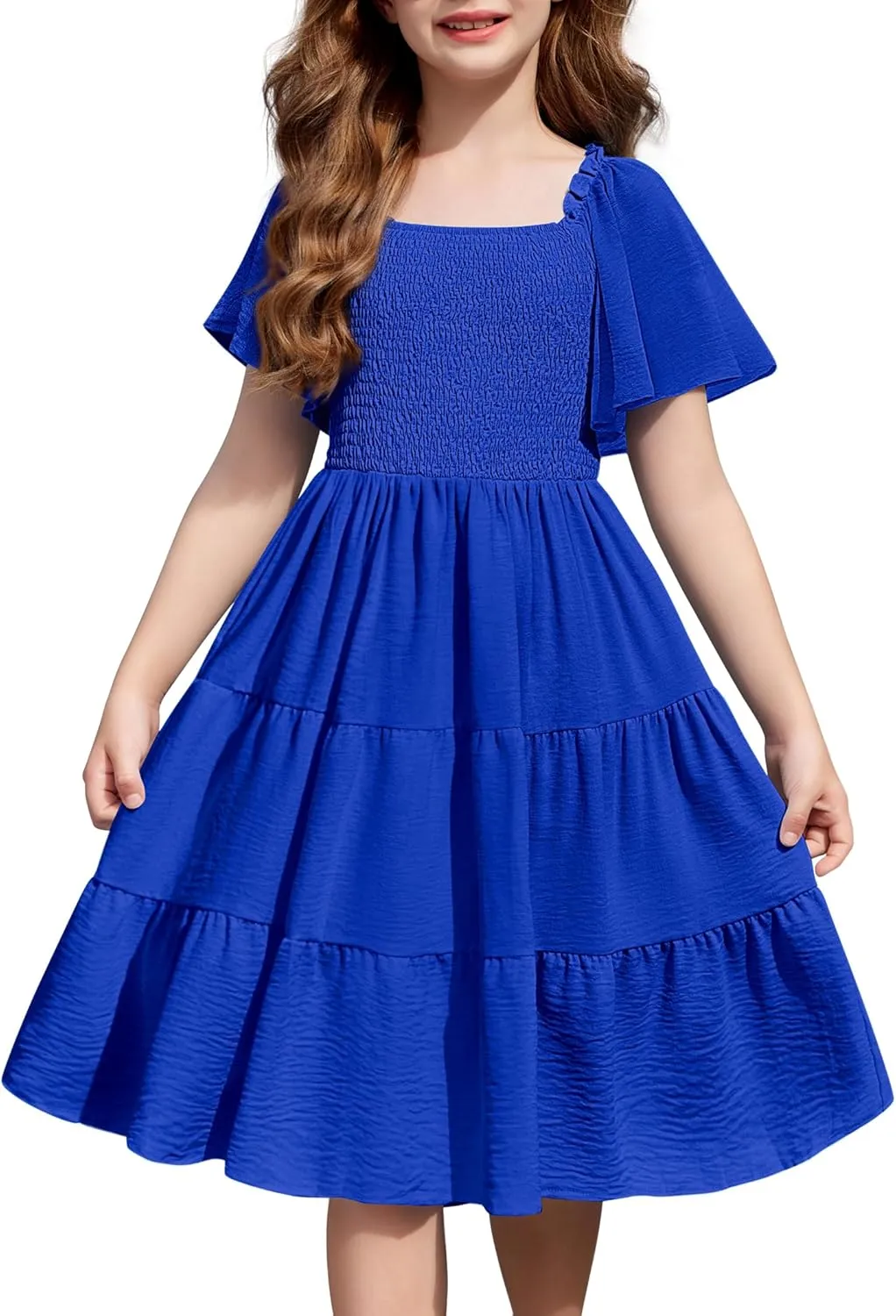 Arshiner Girls Dress Boho Smocked Swing Flowy Ruffle Midi Dresses