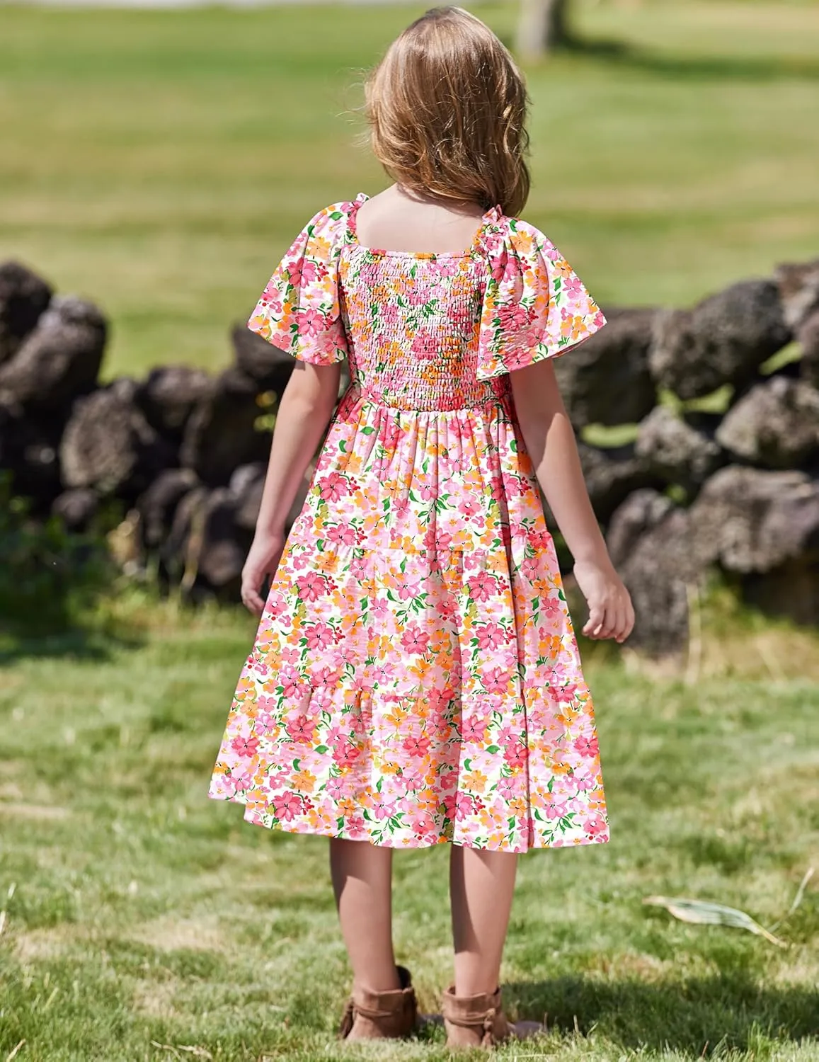 Arshiner Girls Dress Boho Smocked Swing Flowy Ruffle Midi Dresses