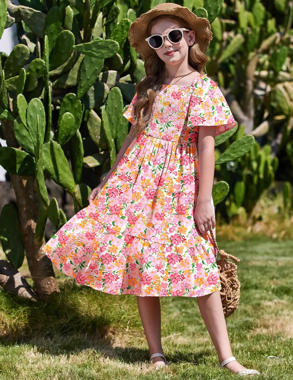 Arshiner Girls Dress Boho Smocked Swing Flowy Ruffle Midi Dresses