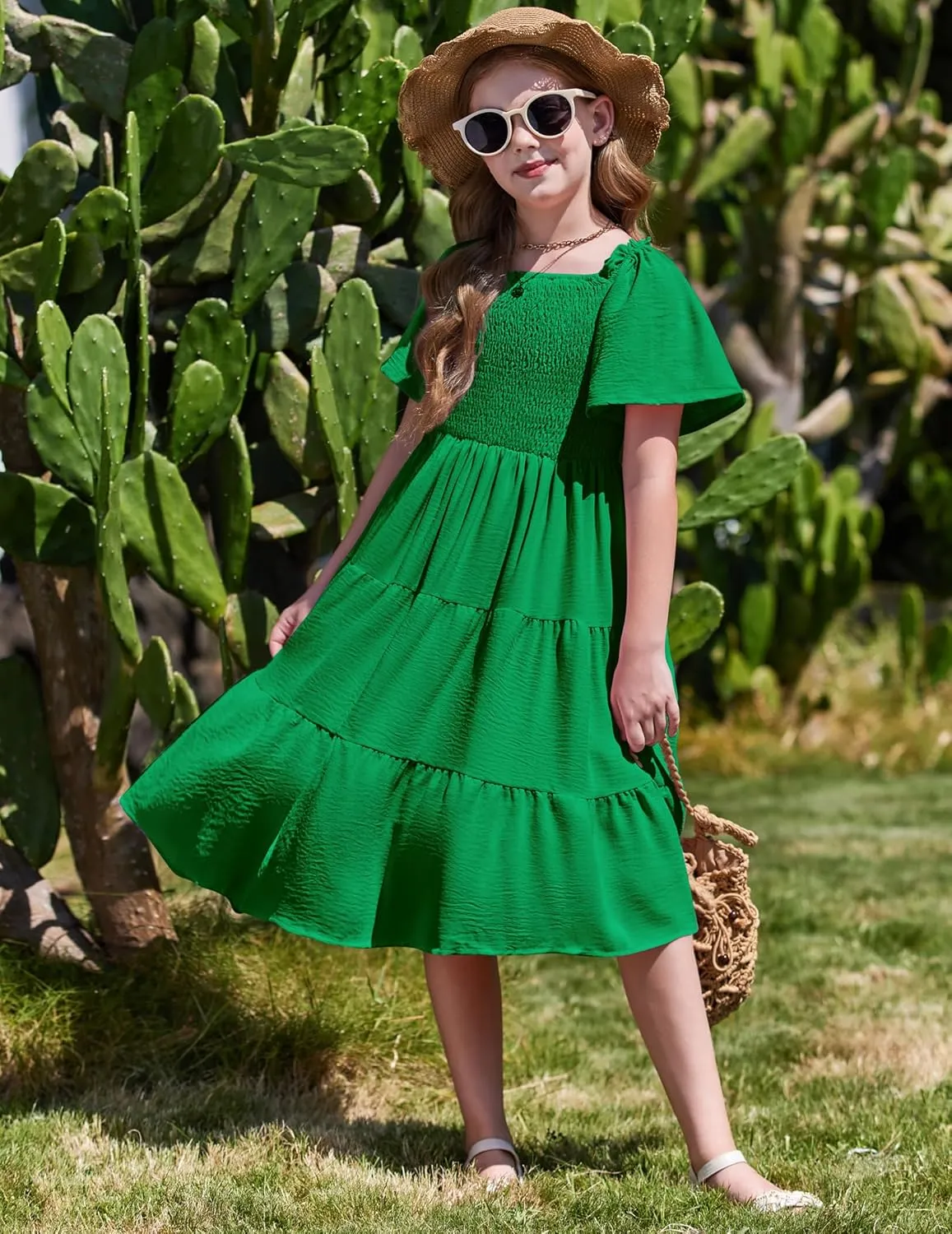 Arshiner Girls Dress Boho Smocked Swing Flowy Ruffle Midi Dresses