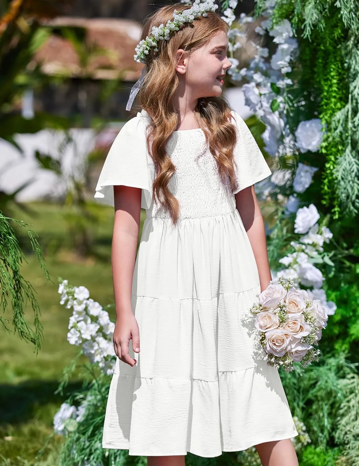 Arshiner Girls Dress Boho Smocked Swing Flowy Ruffle Midi Dresses