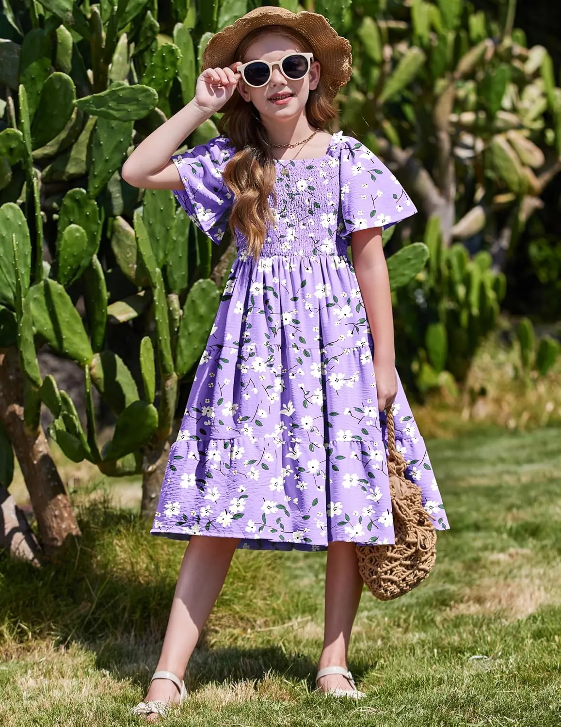 Arshiner Girls Dress Boho Smocked Swing Flowy Ruffle Midi Dresses