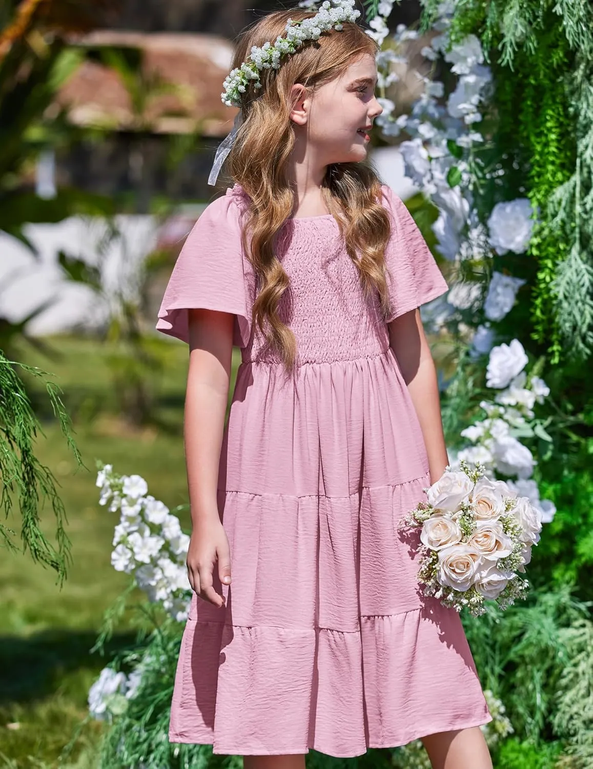 Arshiner Girls Dress Boho Smocked Swing Flowy Ruffle Midi Dresses