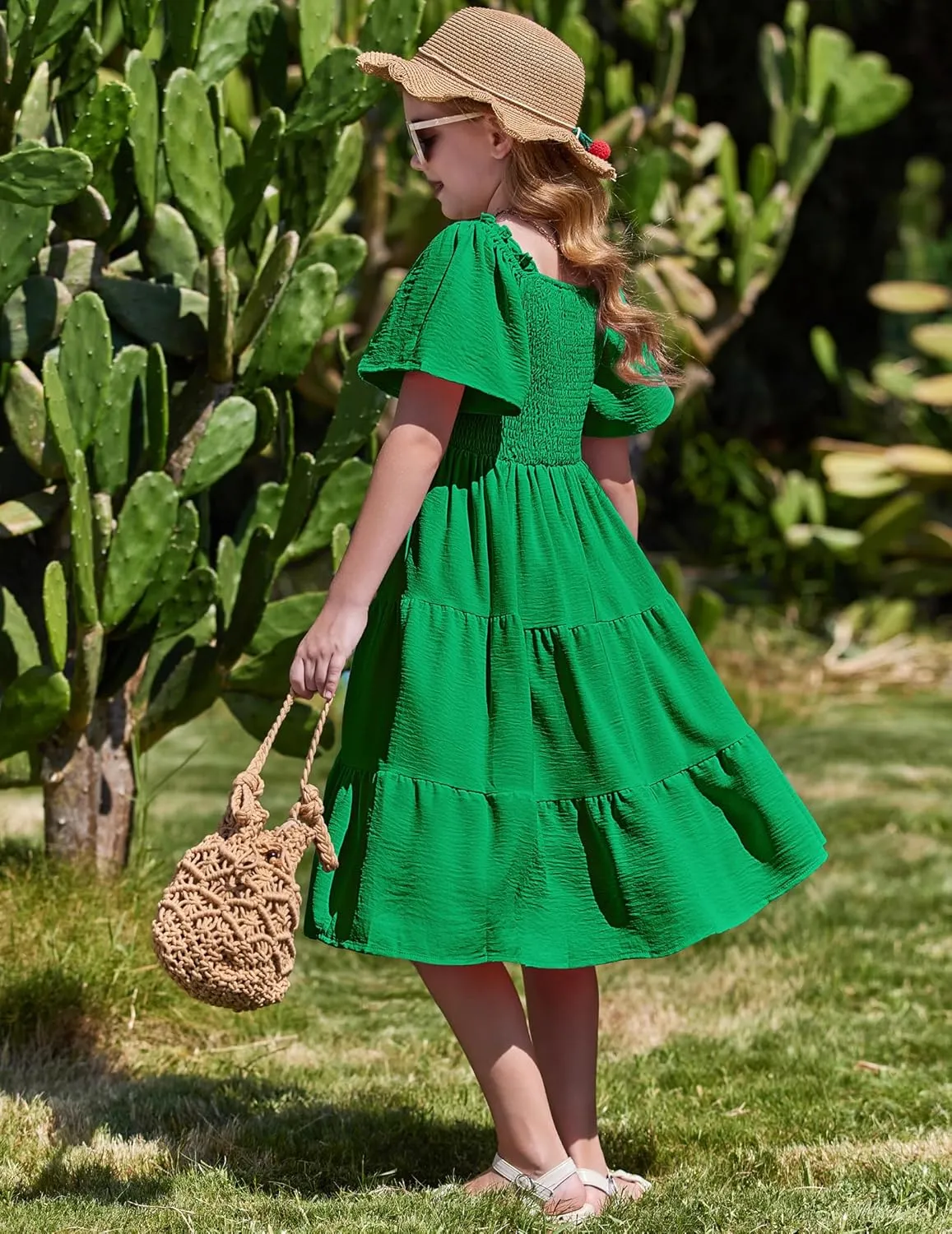 Arshiner Girls Dress Boho Smocked Swing Flowy Ruffle Midi Dresses