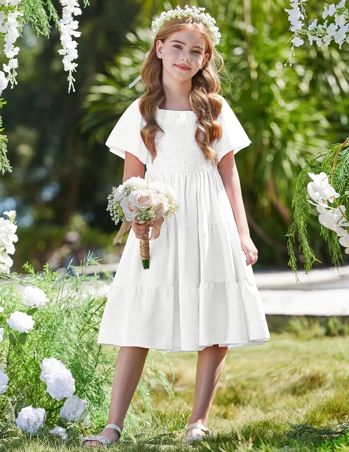 Arshiner Girls Dress Boho Smocked Swing Flowy Ruffle Midi Dresses