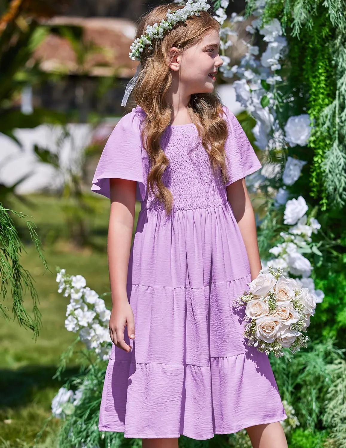 Arshiner Girls Dress Boho Smocked Swing Flowy Ruffle Midi Dresses