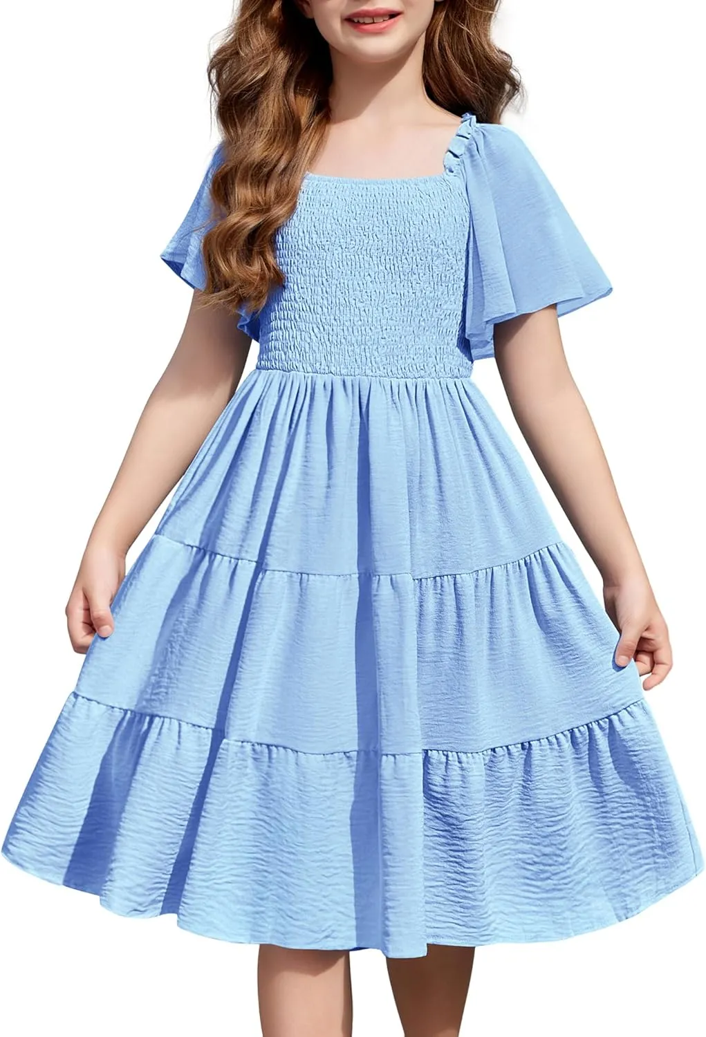 Arshiner Girls Dress Boho Smocked Swing Flowy Ruffle Midi Dresses