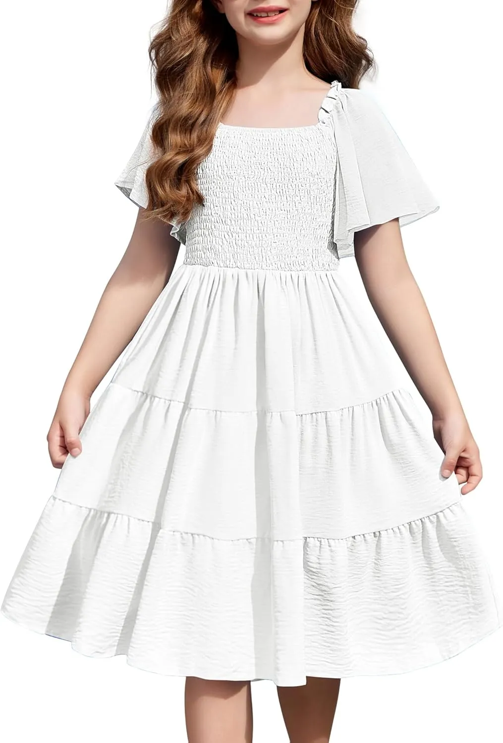 Arshiner Girls Dress Boho Smocked Swing Flowy Ruffle Midi Dresses