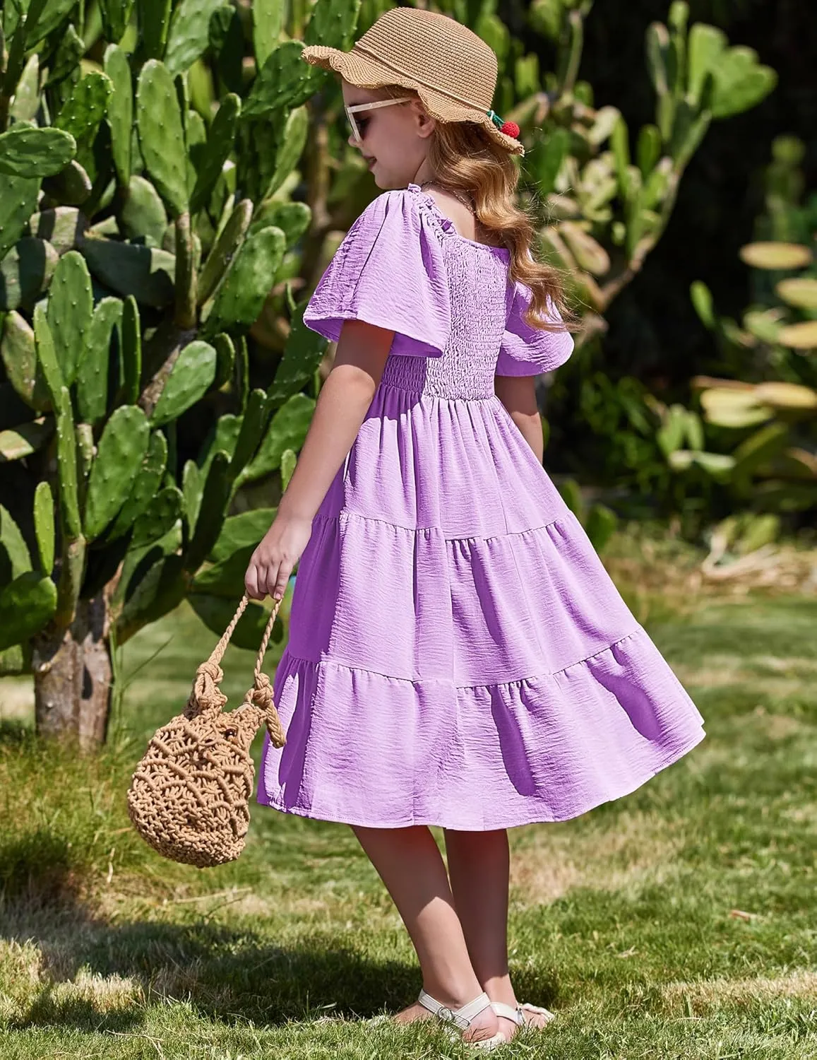 Arshiner Girls Dress Boho Smocked Swing Flowy Ruffle Midi Dresses
