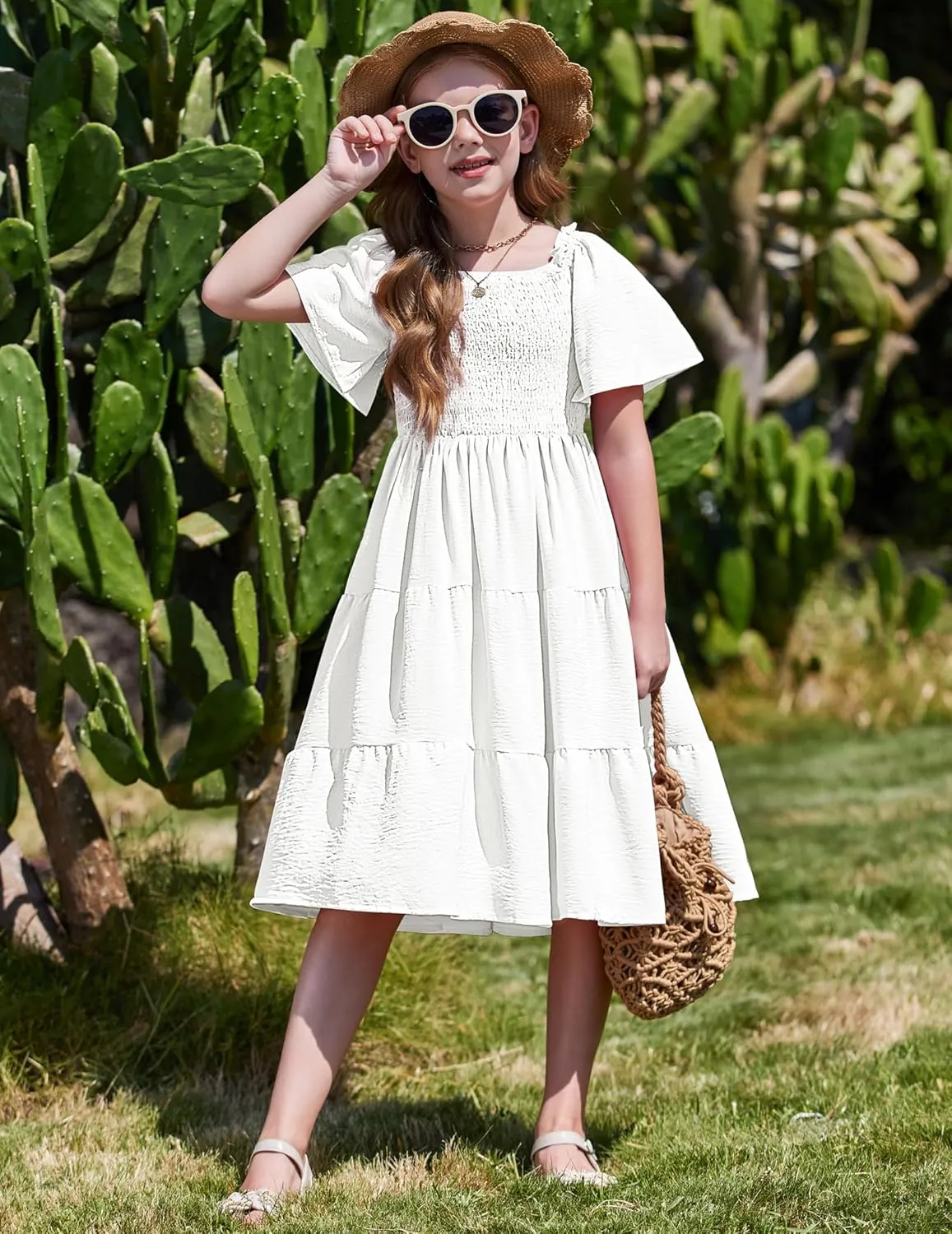 Arshiner Girls Dress Boho Smocked Swing Flowy Ruffle Midi Dresses