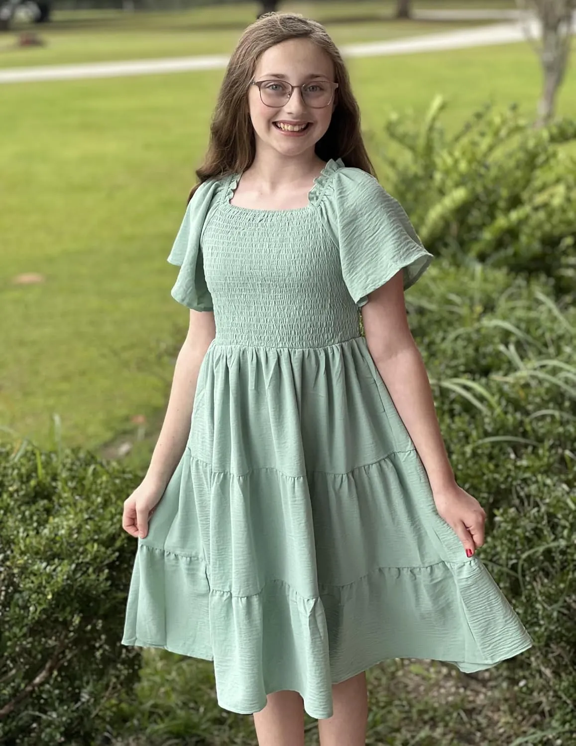 Arshiner Girls Dress Boho Smocked Swing Flowy Ruffle Midi Dresses