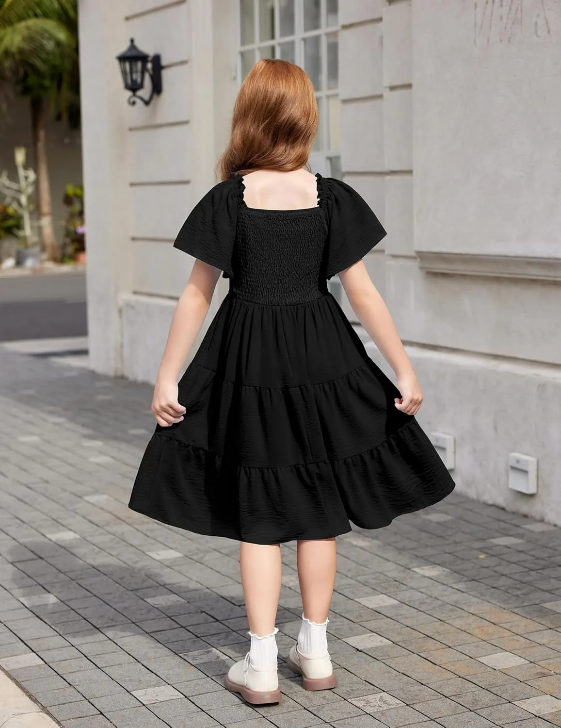 Arshiner Girls Dress Boho Smocked Swing Flowy Ruffle Midi Dresses