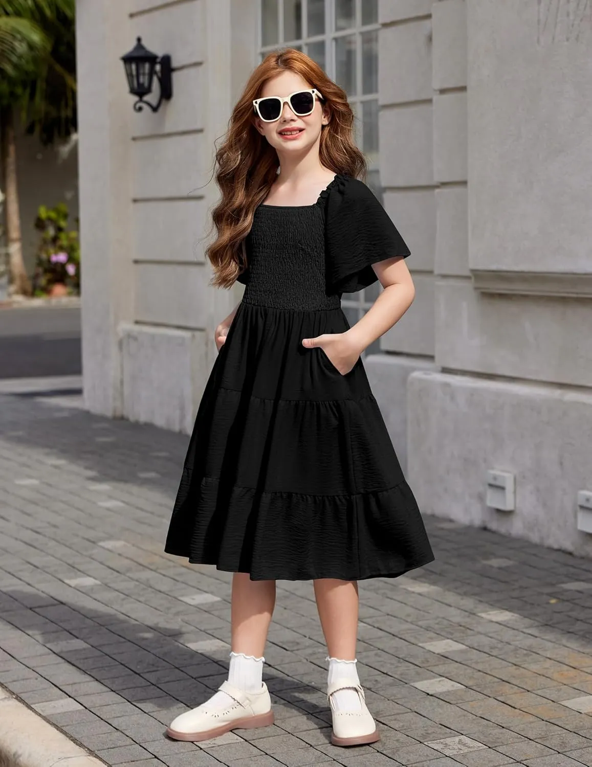 Arshiner Girls Dress Boho Smocked Swing Flowy Ruffle Midi Dresses
