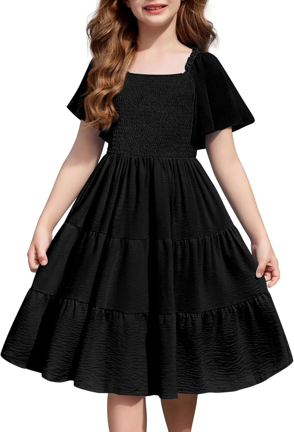 Arshiner Girls Dress Boho Smocked Swing Flowy Ruffle Midi Dresses
