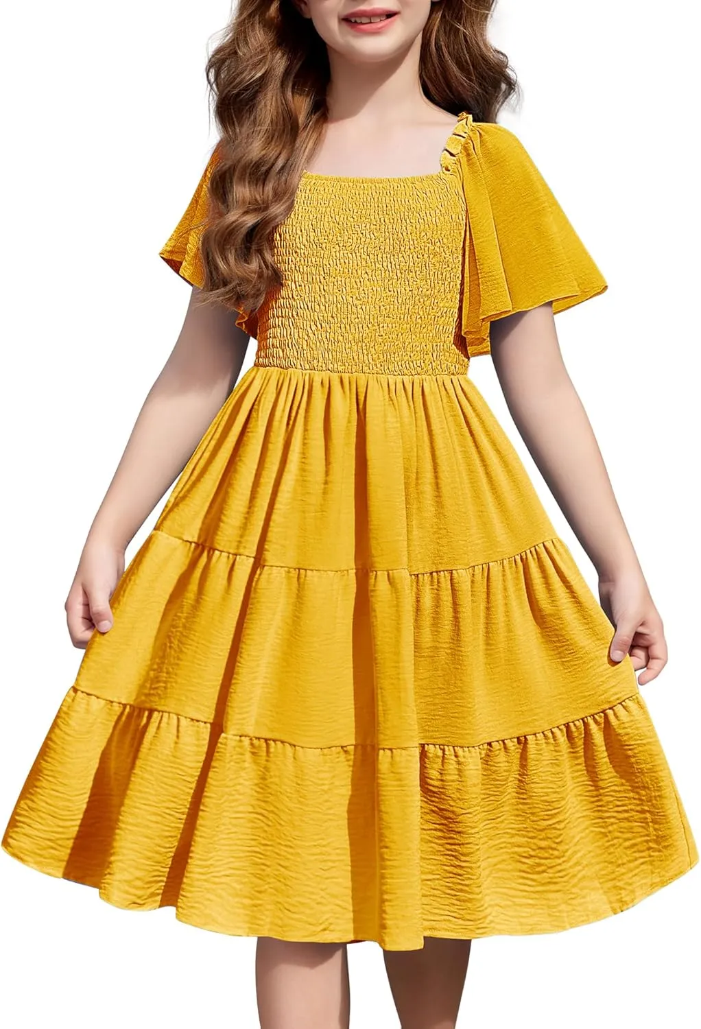 Arshiner Girls Dress Boho Smocked Swing Flowy Ruffle Midi Dresses