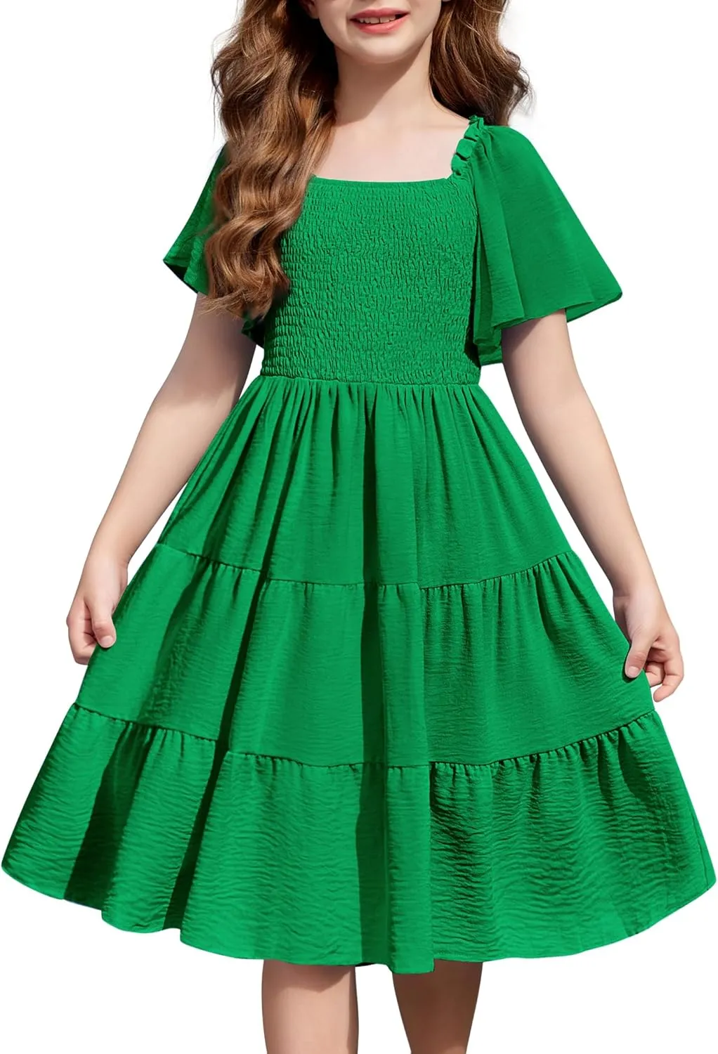 Arshiner Girls Dress Boho Smocked Swing Flowy Ruffle Midi Dresses