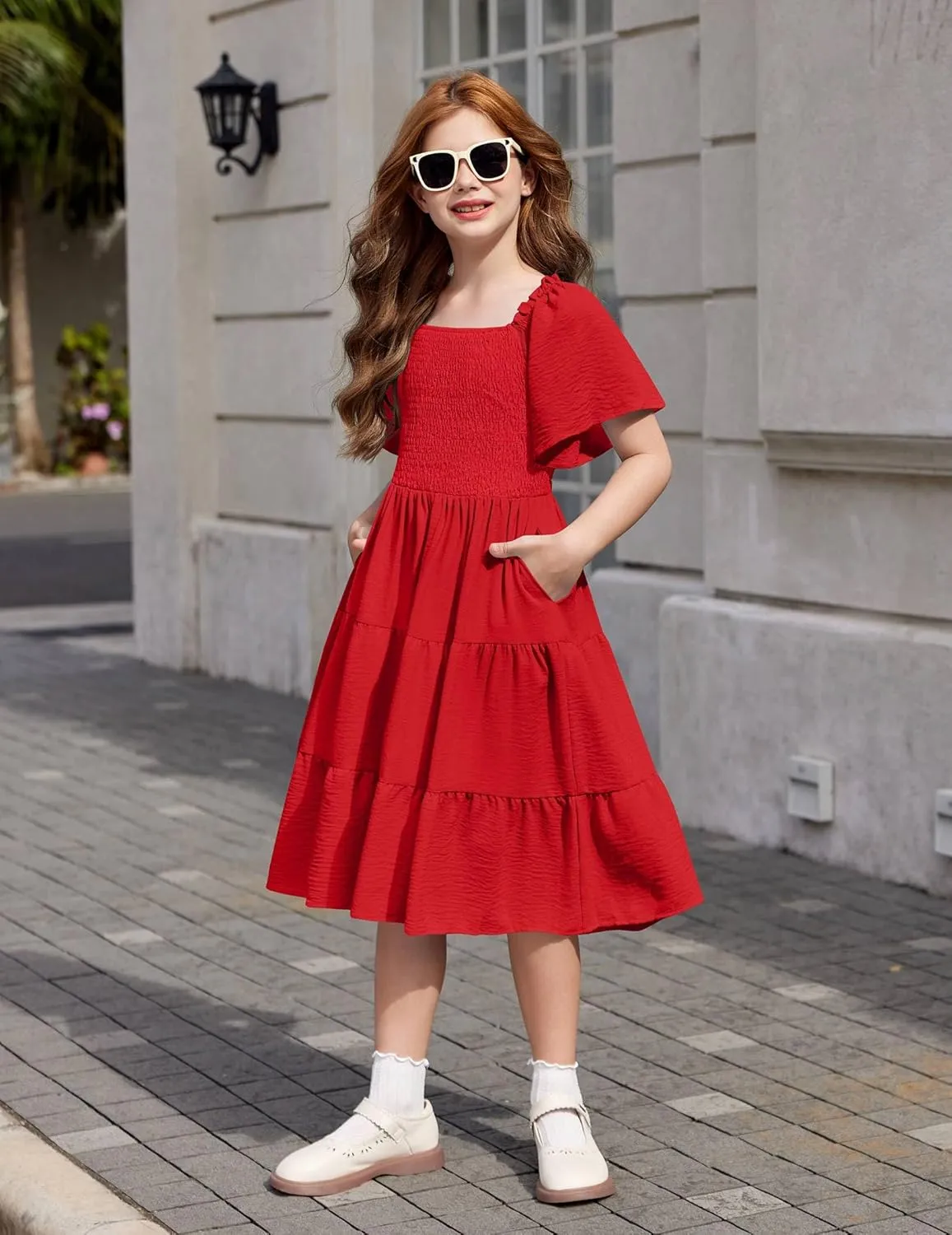 Arshiner Girls Dress Boho Smocked Swing Flowy Ruffle Midi Dresses