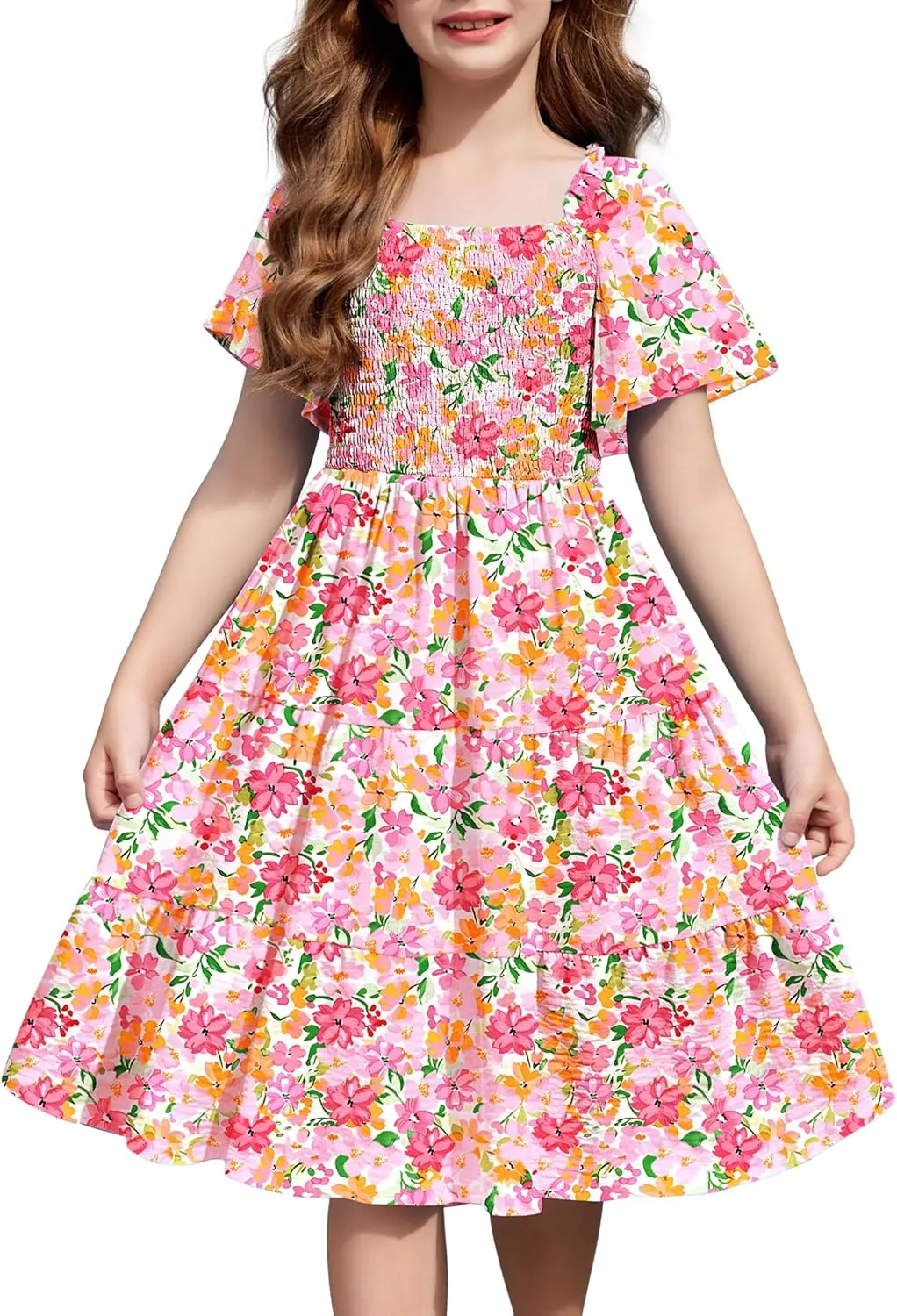 Arshiner Girls Dress Boho Smocked Swing Flowy Ruffle Midi Dresses