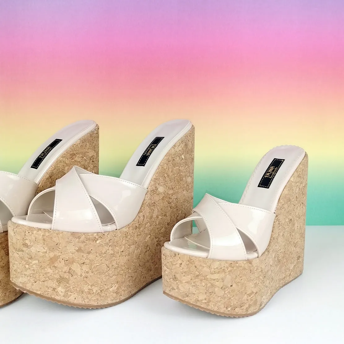 Cross Strap Nude Cream Cork Wedge Mules