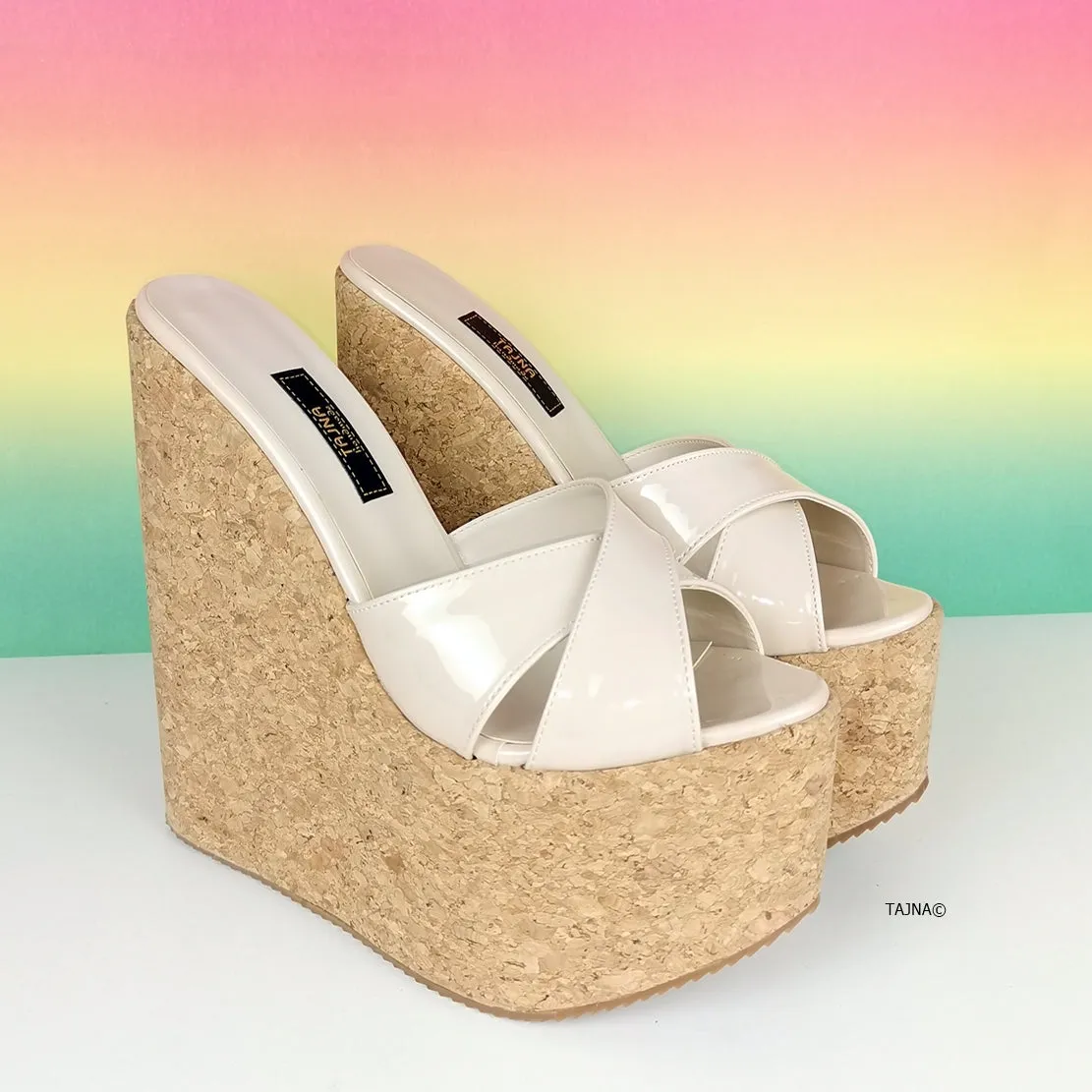 Cross Strap Nude Cream Cork Wedge Mules