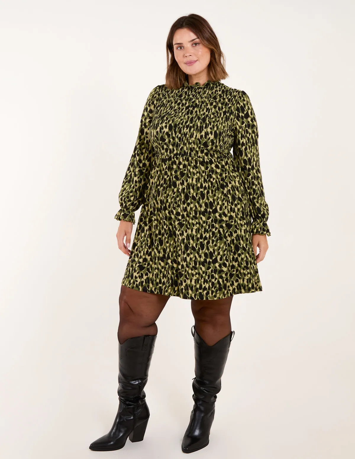 Curve Leopard Print Shirred Trapeze Mini Dress