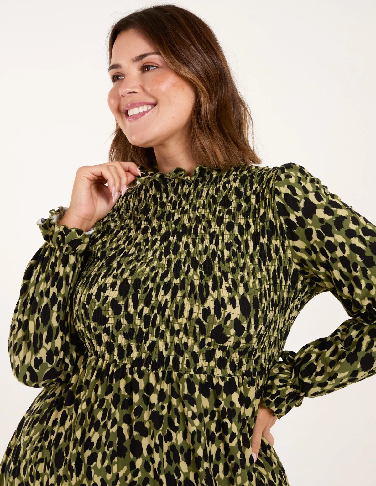 Curve Leopard Print Shirred Trapeze Mini Dress