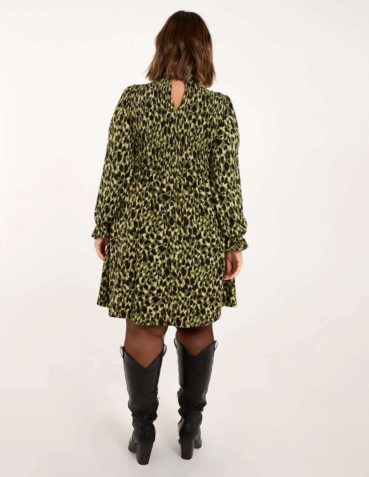 Curve Leopard Print Shirred Trapeze Mini Dress
