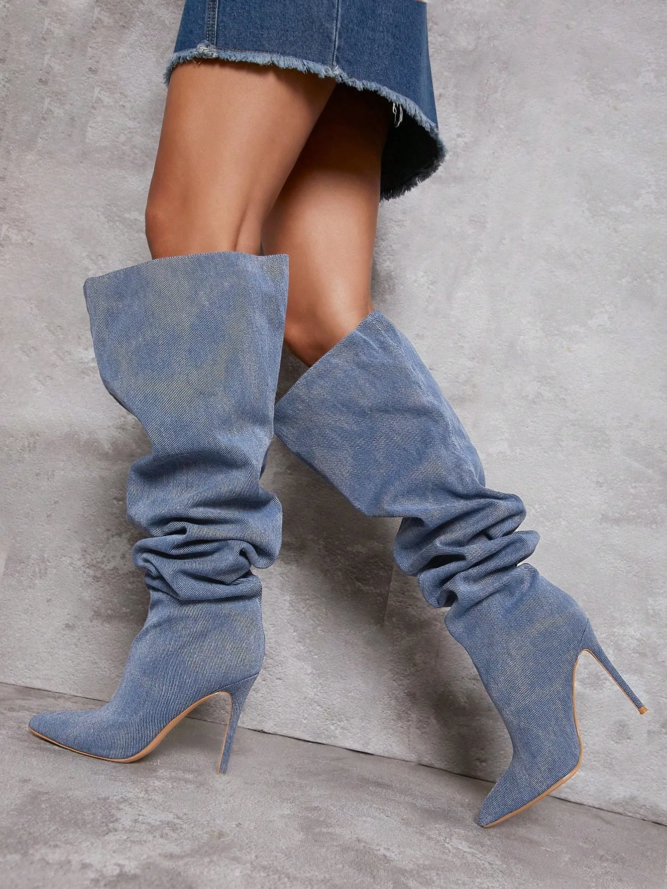 Denim Stiletto Heeled Slouchy Boots