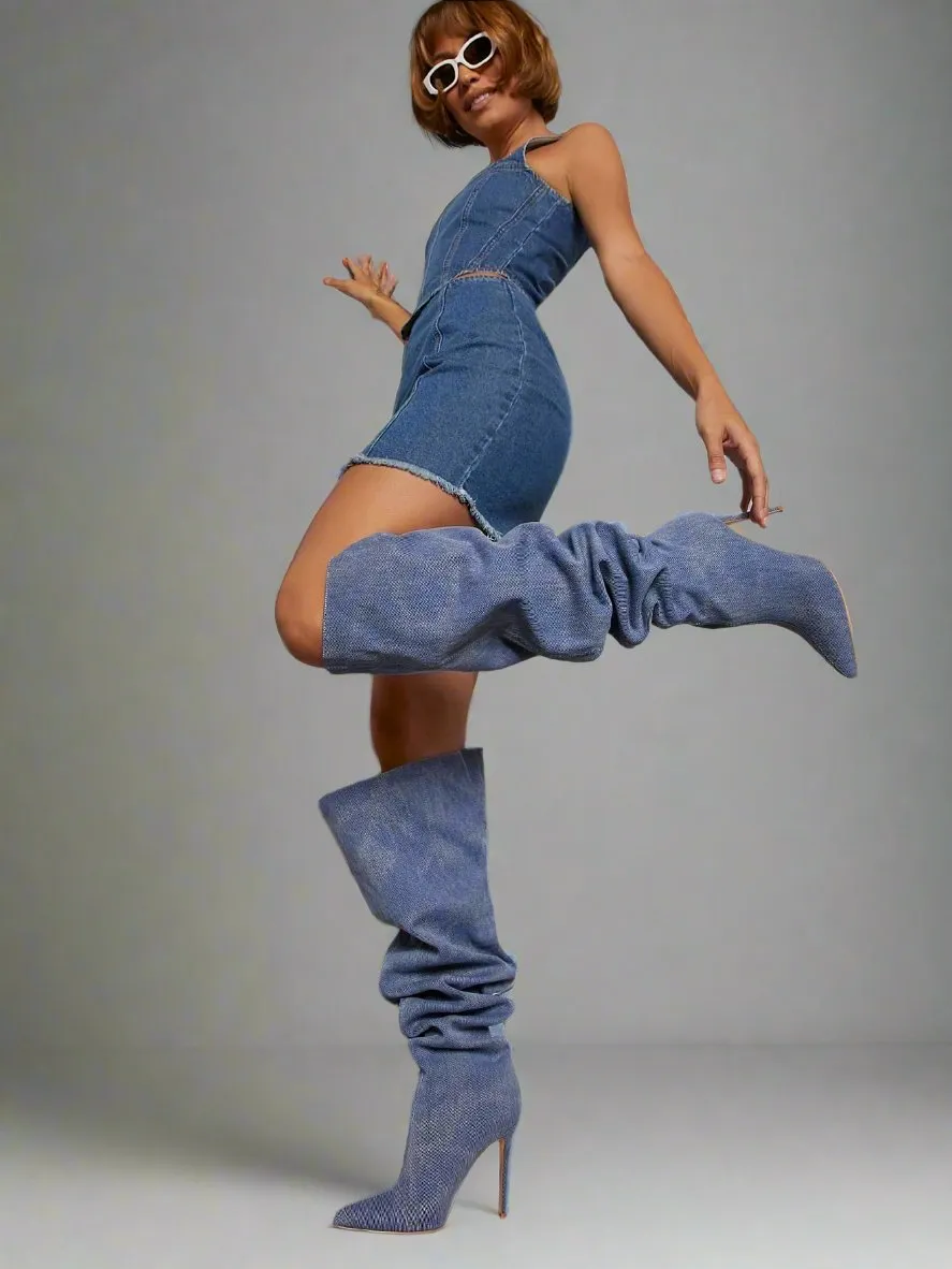 Denim Stiletto Heeled Slouchy Boots