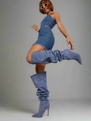 Denim Stiletto Heeled Slouchy Boots