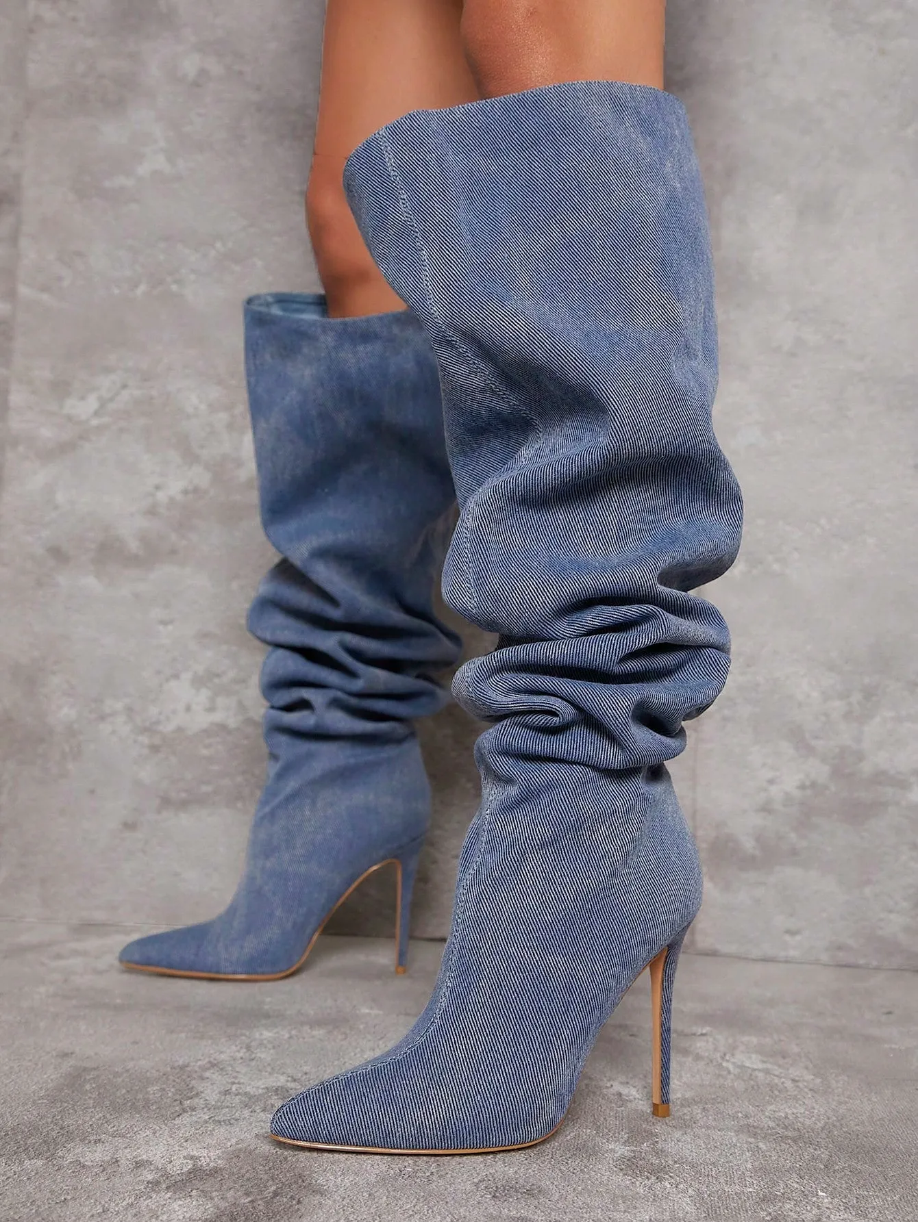 Denim Stiletto Heeled Slouchy Boots