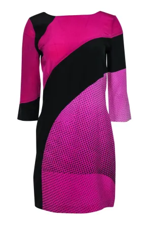 Diane von Furstenberg - Hot Pink & Black Printed Silk Shift Dress Sz 6