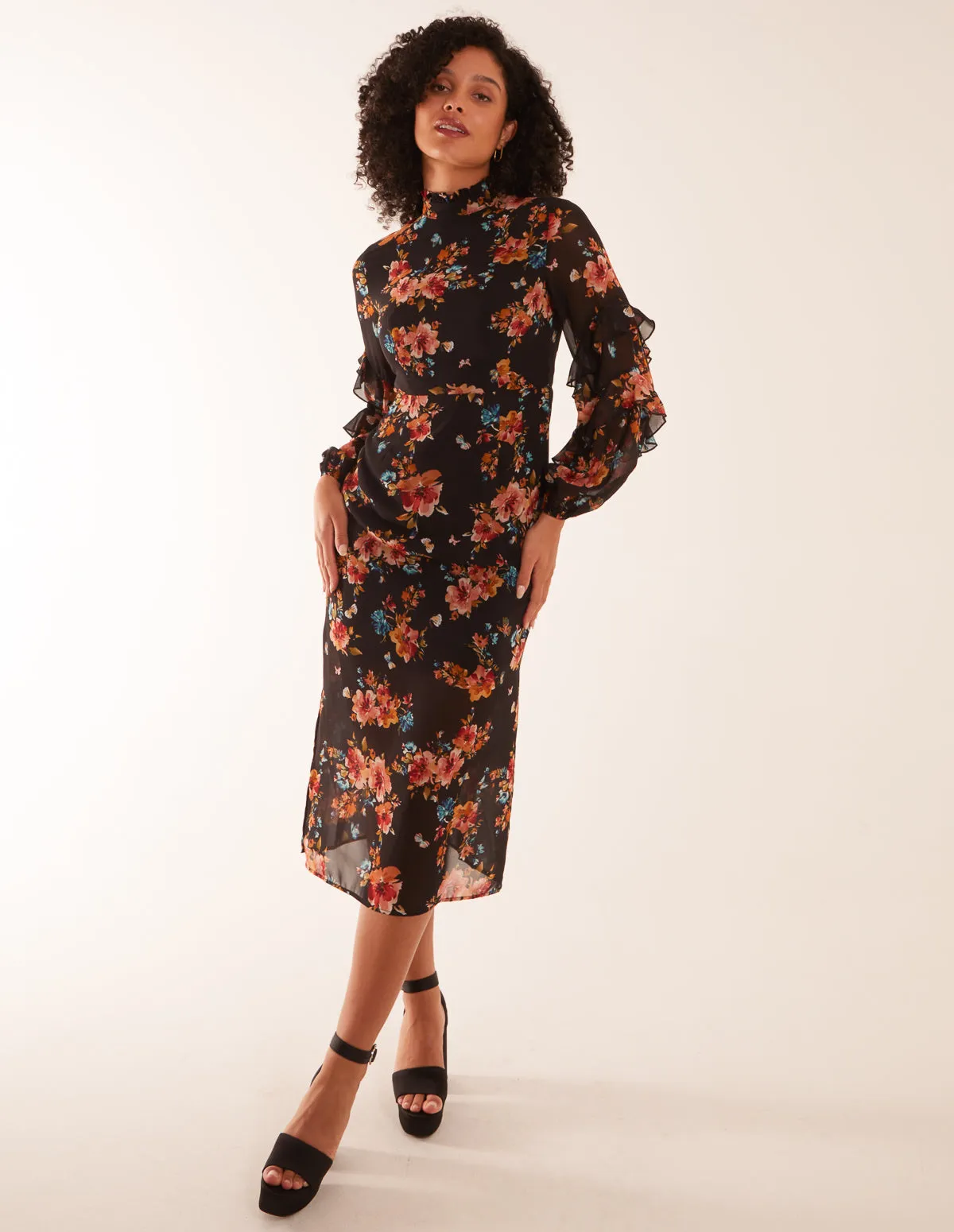 Floral Printed High Neck Midi Dress With Frill Sleeve Details