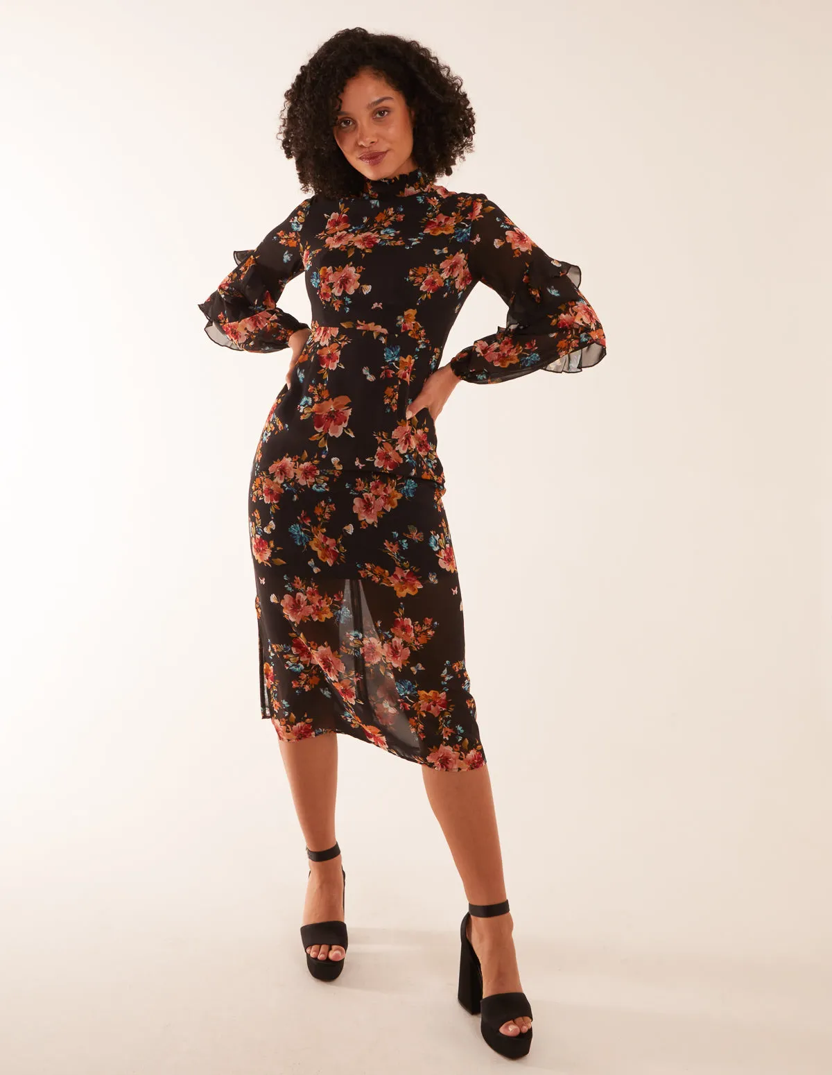 Floral Printed High Neck Midi Dress With Frill Sleeve Details